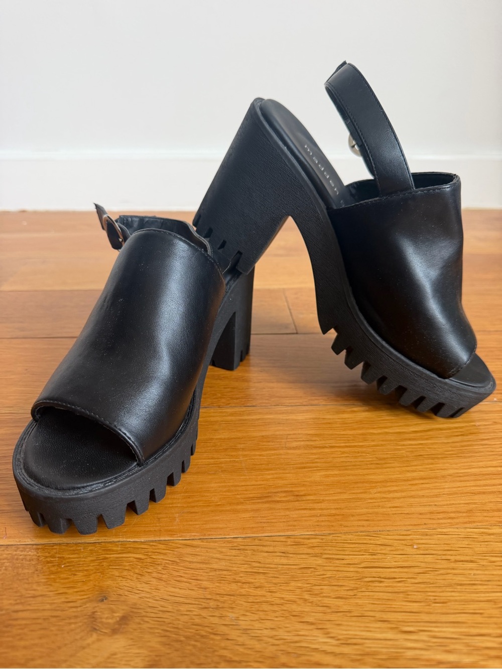 Madden Girl 90s Style Black Chunky Platform Slingback Heels